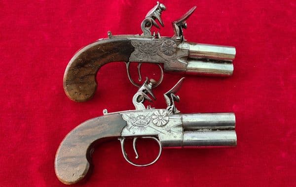 X X SOLD X X Pair of English over & Under double barrel  flintlock pistols by Richardson. Ref 3755