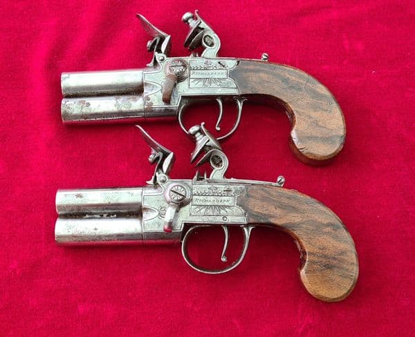 X X SOLD X X Pair of English over & Under double barrel flintlock pistols by Richardson. Ref 3755