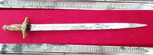 X X SOLD X  X X  LE-MANS 19thC.  presentation Sword,  hilt embossed with classical figures. Ref 2784