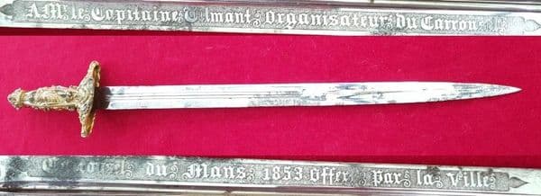 X X SOLD X X X LE-MANS 19thC. presentation Sword, hilt embossed with classical figures. Ref 2784