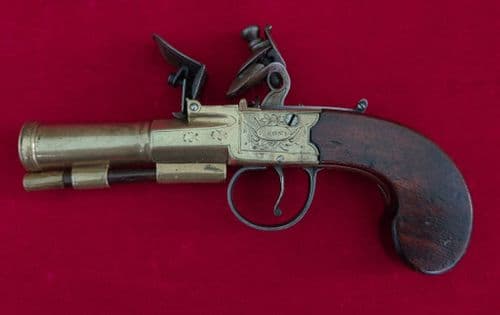 X X X SOLD X X Brass framed flintlock blunderbuss pistol  by P Bond of London. Circa 1800.  Ref 3129
