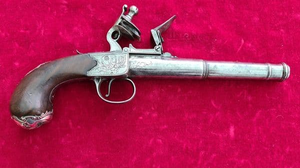 X X X SOLD X X Queen Anne cannon barrel silver mounted flintlock pistol by Heylin . C.1780. Ref 3229
