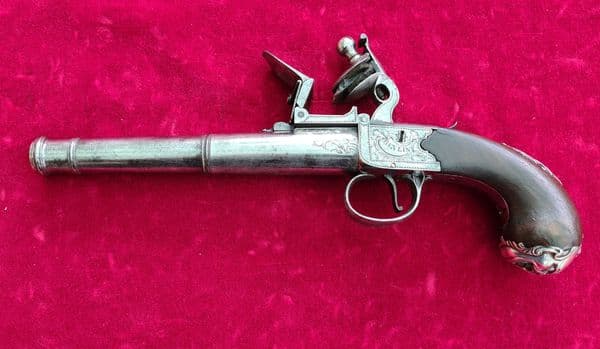 X X X SOLD X X Queen Anne cannon barrel silver mounted flintlock pistol by Heylin . C.1780. Ref 3229