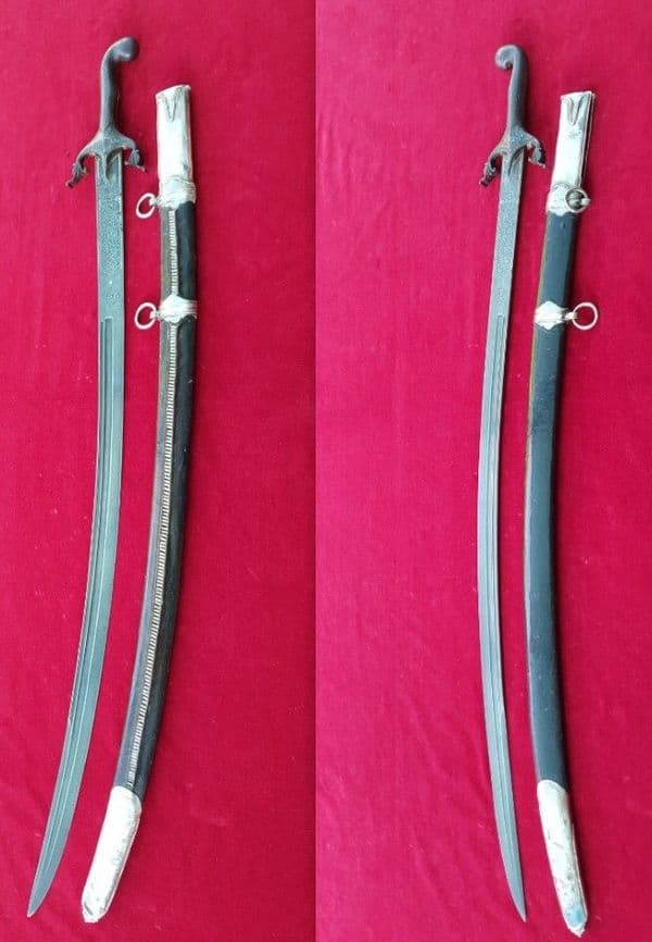 X X  X SOLD X X Silver Mounted Shamshir sword in original silver mounted Leather scabbard. Ref 2671