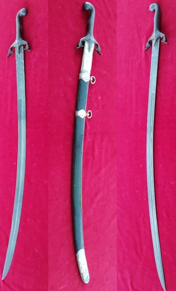 X X  X SOLD X X Silver Mounted Shamshir sword in original silver mounted Leather scabbard. Ref 2671