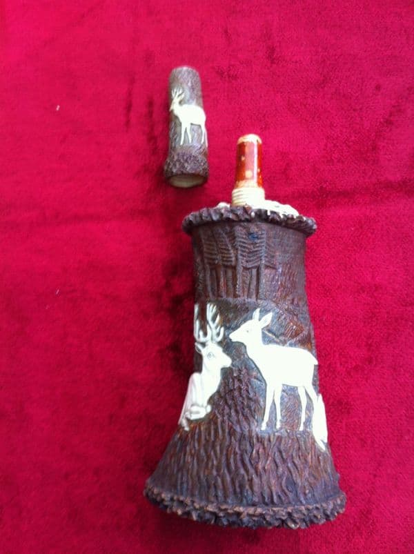 X X X  SOLD X X X  18th Century Superb powder horn with Deer and game decoration. Black Forest