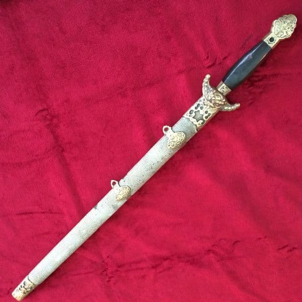 X X X  SOLD X  X X 19th century Chinese antique short sword. Good double edged blade inlaid with 7