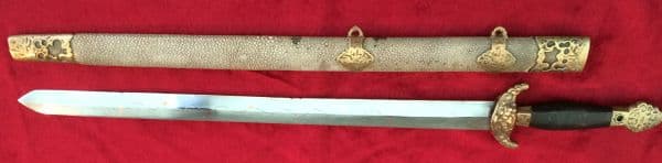 X X X  SOLD X  X X 19th century Chinese antique short sword. Good double edged blade inlaid with 7
