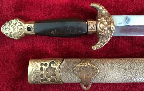 X X X  SOLD X  X X 19th century Chinese antique short sword. Good double edged blade inlaid with 7