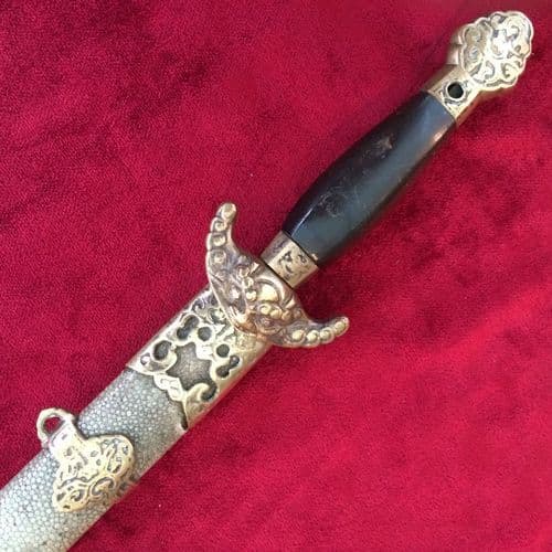 X X X  SOLD X  X X 19th century Chinese antique short sword. Good double edged blade inlaid with 7
