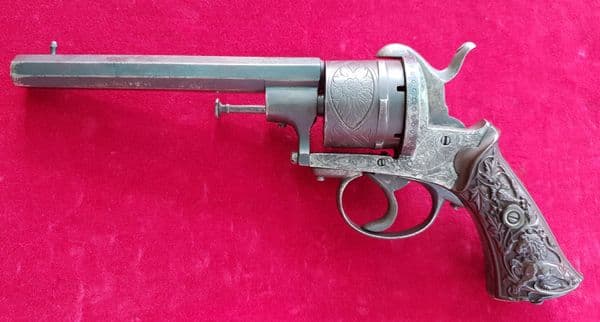 X X X  SOLD  X X X  6 shot double action  pin-fire revolver with embossed Lion grips. Ref 1608.