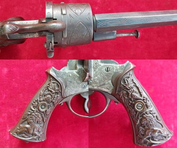 X X X  SOLD  X X X  6 shot double action  pin-fire revolver with embossed Lion grips. Ref 1608.