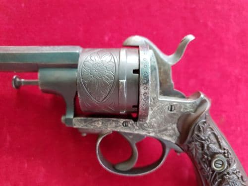 X X X SOLD X X X 6 shot double action pin-fire revolver with embossed Lion grips. Ref 1608.