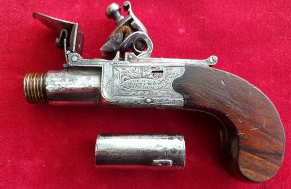 X X X  SOLD X X X   A Flintlock pocket pistol by H.W. Mortimer of London.  C. 1780 -1820. Ref 1724.