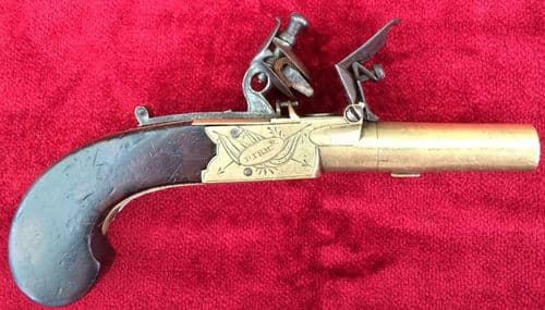 X X X SOLD X X X    A good brass English Flintlock pocket pistol engraved RYAN & WATSON. Circa