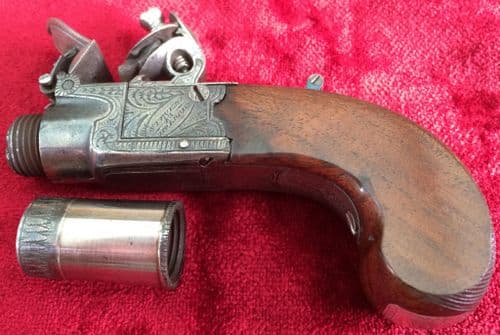 X X X SOLD X X X A good English flintlock pocket pistol with folding trigger, engraved STEVENS