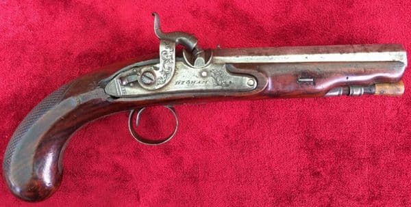X X X  SOLD  X X X  A good quality English Percussion travelling pistol by Higham of Warrington.