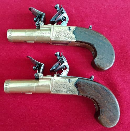 X X X SOLD X X X   A pair of fine English all brass Flintlock Pistols by Meredith & Moxham. Ref 1312