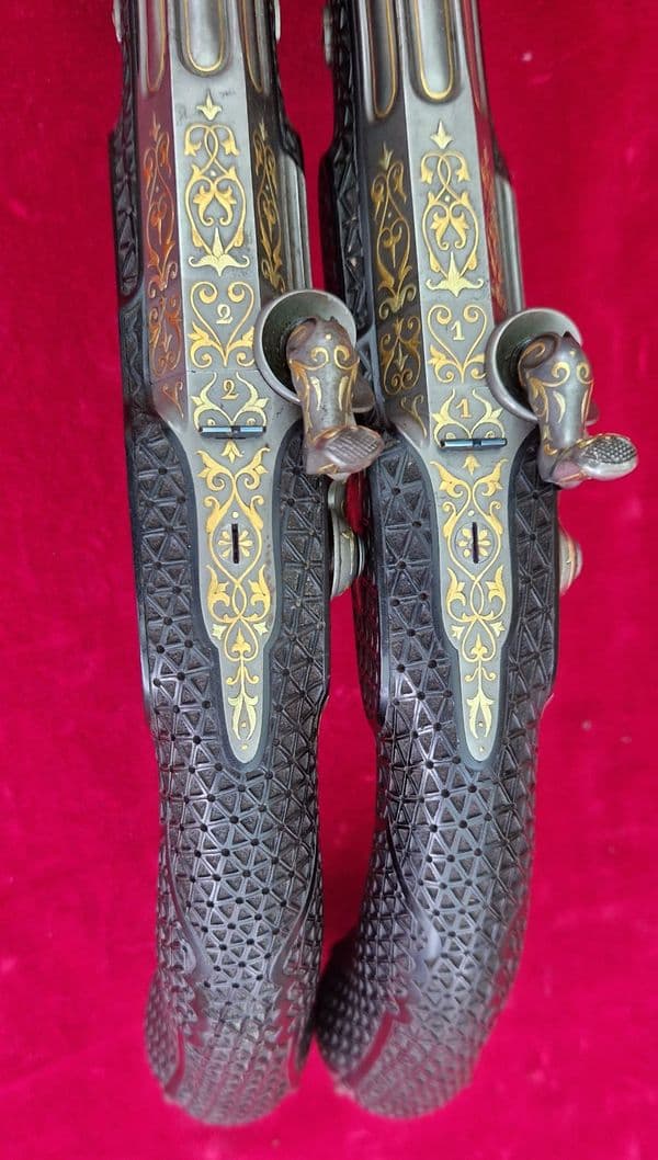 X X X  SOLD X X X  A pair of gold inlaid French percussion presentation pistols. Ref4036.