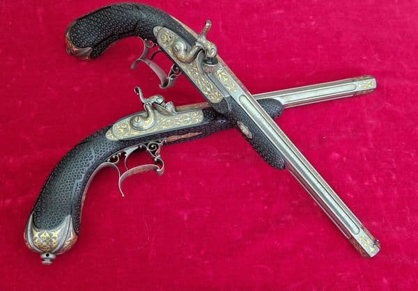 X X X  SOLD X X X  A pair of gold inlaid French percussion presentation pistols. Ref4036.