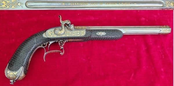 X X X  SOLD X X X  A pair of gold inlaid French percussion presentation pistols. Ref4036.
