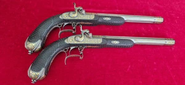 X X X  SOLD X X X  A pair of gold inlaid French percussion presentation pistols. Ref4036.