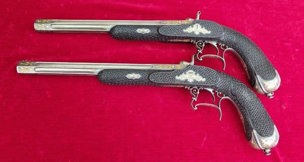 X X X  SOLD X X X  A pair of gold inlaid French percussion presentation pistols. Ref4036.