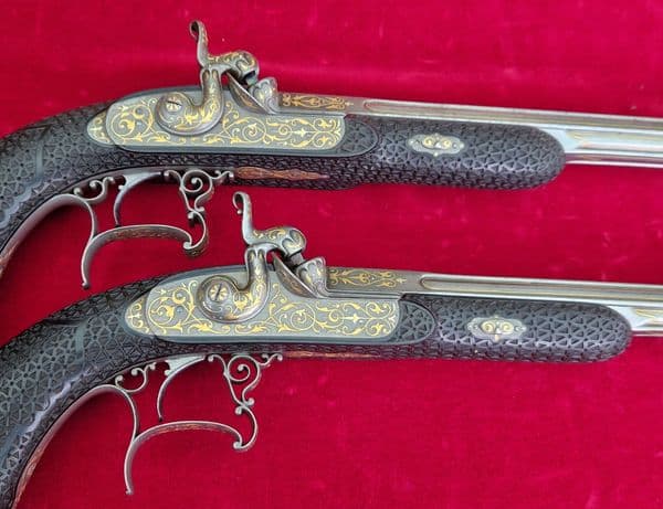 X X X  SOLD X X X  A pair of gold inlaid French percussion presentation pistols. Ref4036.