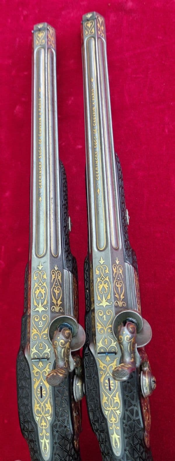 X X X  SOLD X X X  A pair of gold inlaid French percussion presentation pistols. Ref4036.