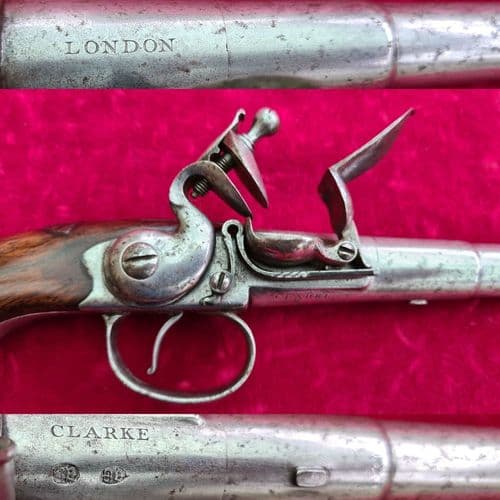 X X X SOLD X X X   A rare Silver Mounted Flintlock pistol made by CLARKE of LONDON. Ref 3384