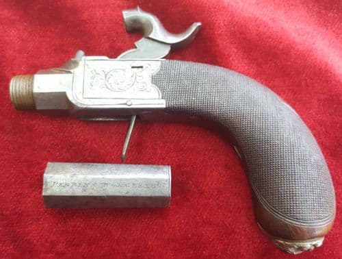 X X X SOLD X X X   An English percussion Pocket Pistol by Perrins of Worcester. Lion's mask