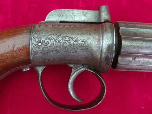X X X SOLD  X X X  British 6 shot bar-hammer  percussion pepper-box revolver. C.1840-1845. Ref 3487