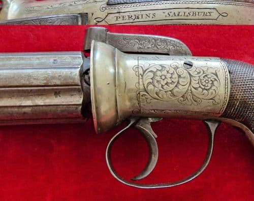 X X X SOLD X X X   British  percussion pepper-box revolver with nickel silver frame. Ref 3978