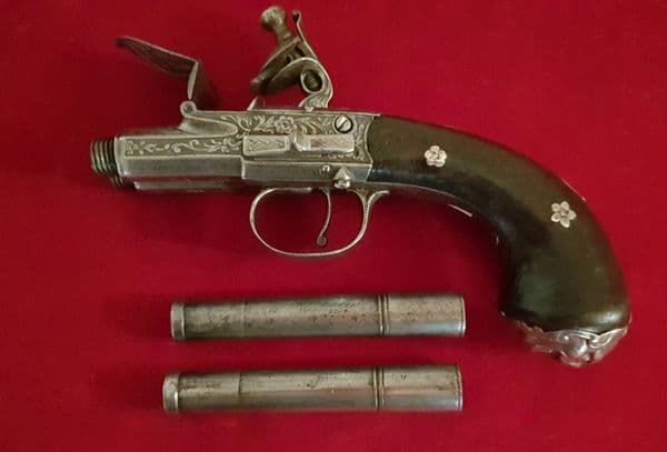 X X X  SOLD X X X  Double Barrelled Flintlock Pistol made by Bunney London. Circa 1790. Ref 2632.