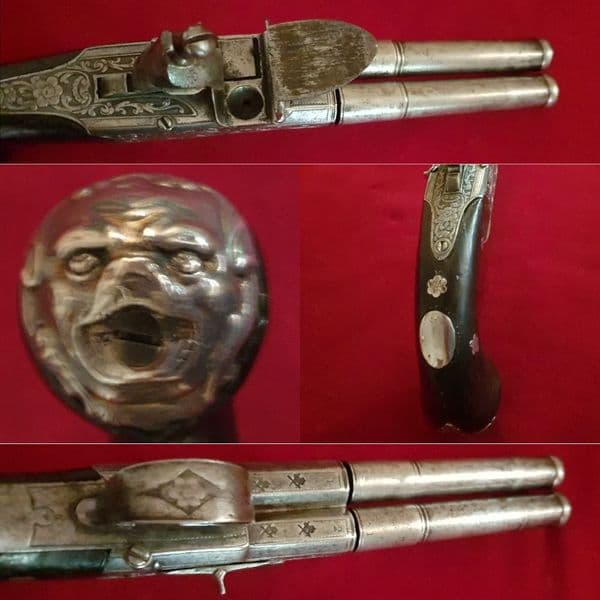 X X X  SOLD X X X  Double Barrelled Flintlock Pistol made by Bunney London. Circa 1790. Ref 2632.