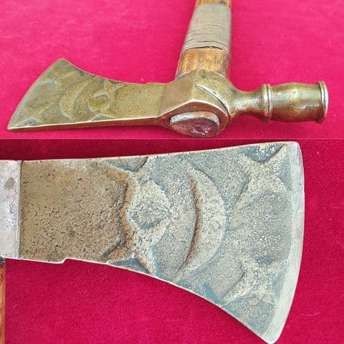 X X X SOLD  X X X North American Indian Pipe-Tomahawk with a brass decorated blade. Ref 2534.