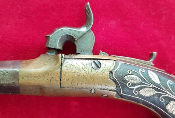 X X X  SOLD  X X X percussion pocket pistol inlaid with silver wire decoration.Ref 2540