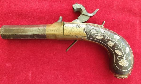 X X X  SOLD  X X X percussion pocket pistol inlaid with silver wire decoration.Ref 2540