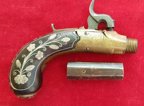 X X X  SOLD  X X X percussion pocket pistol inlaid with silver wire decoration.Ref 2540