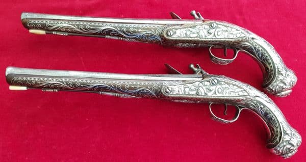 XXX SOLD XXX Pair of Silver Mounted Turkish Flintlock Pistols. Ref  2890