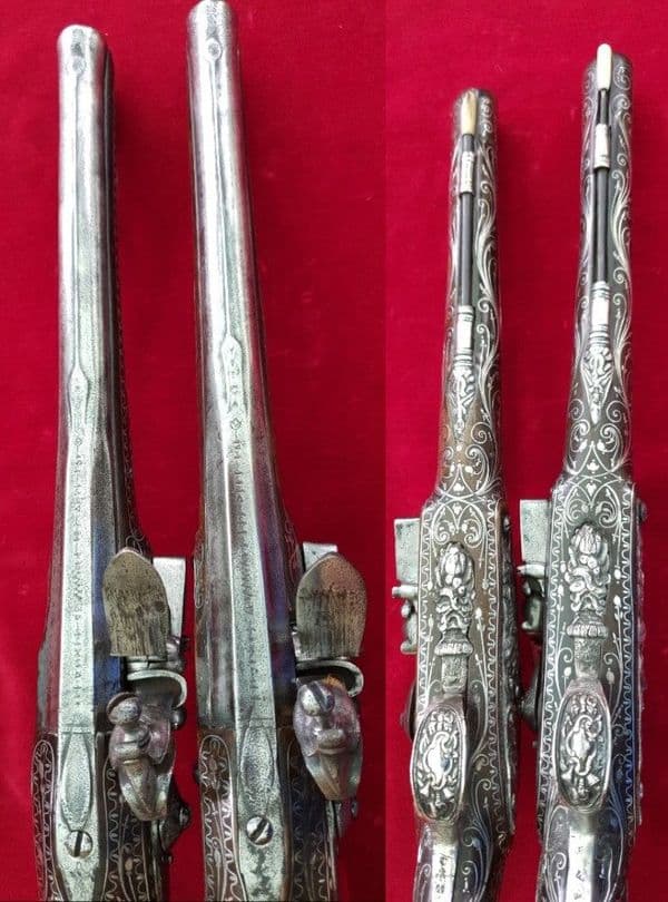 XXX SOLD XXX Pair of Silver Mounted Turkish Flintlock Pistols. Ref  2890