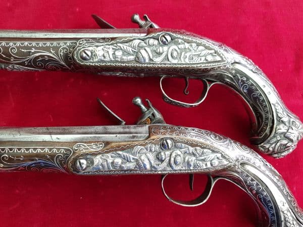 XXX SOLD XXX Pair of Silver Mounted Turkish Flintlock Pistols. Ref  2890