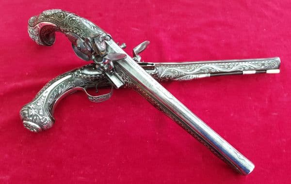 XXX SOLD XXX Pair of Silver Mounted Turkish Flintlock Pistols. Ref  2890