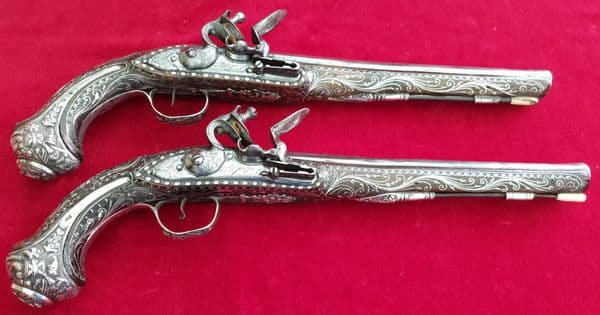 XXX SOLD XXX Pair of Silver Mounted Turkish Flintlock Pistols. Ref 2890
