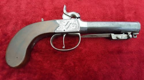 XXX SOLD XXX Percussion pistol with spring bayonet by "Hollis of Cheltenham. Ref 9473.