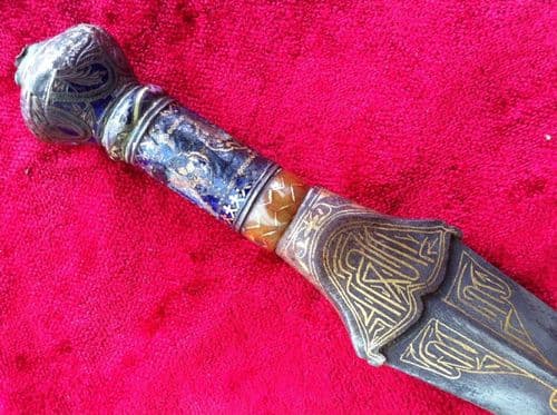 XXX SOLD XXX Turkish 19th C Dagger - Gold inlaid blade & enamelled hilt. Complete with original
