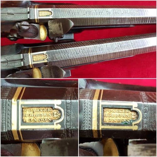 XXX SOLD XXXPair of saw-handled flintlock duelling pistols by W. PARKER. FOR SALE. Ref 9927