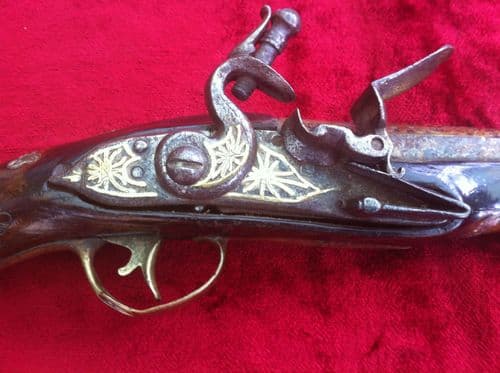 XXXX SOLD XXXX Flintlock Pistol with Brass Inlaid Decoration to Lock and barrel circa 1800. Ref 6302