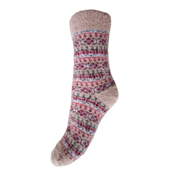 Beige and Pink Fairisle cosy crew socks Size 3-7
