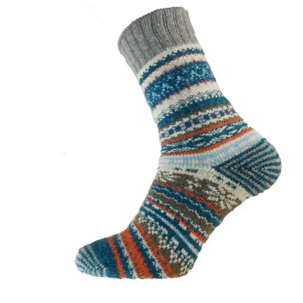 Blue, grey and orange Nordic patterned wool blend socks Size 8-12